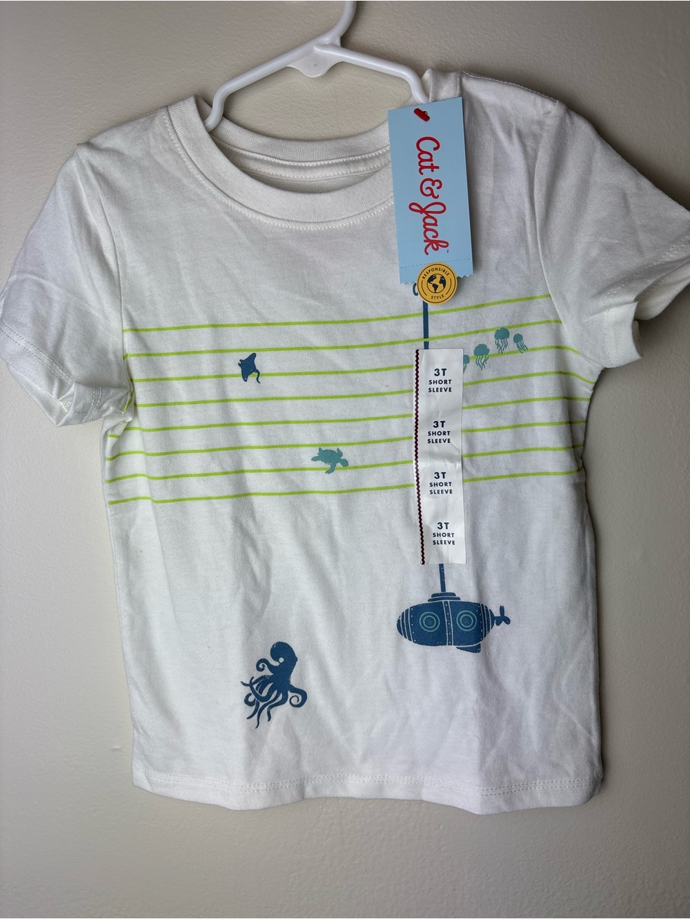 Cat & Jack White & lime Short Sleeve Tee 3T